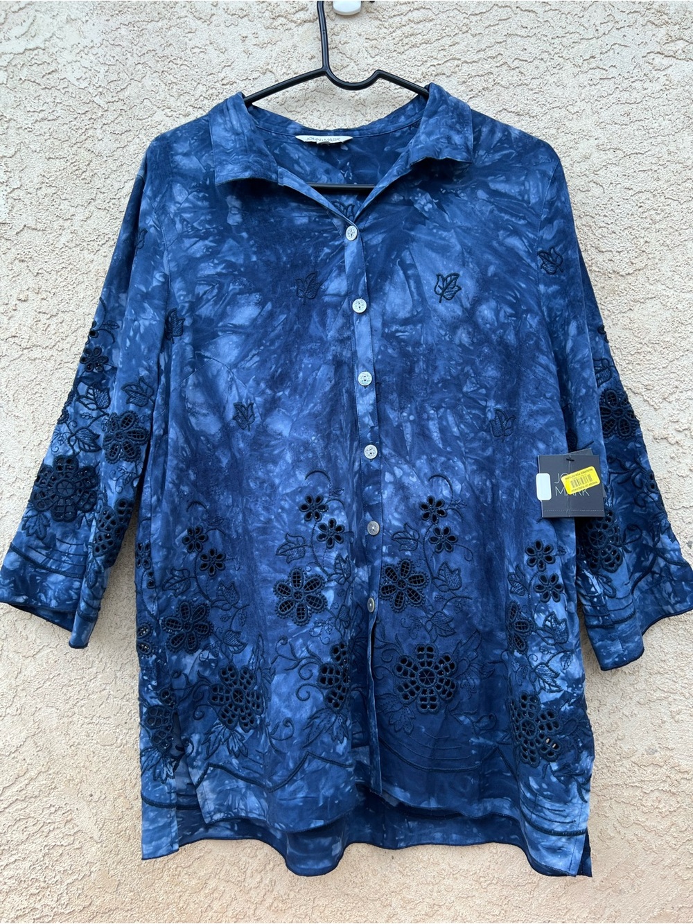 John Mark Blue Marbleized Embroidered Blouse Button Front Boho Size M NWT